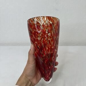 hand blown art glass vase red base color with gold glitter flecks floating style